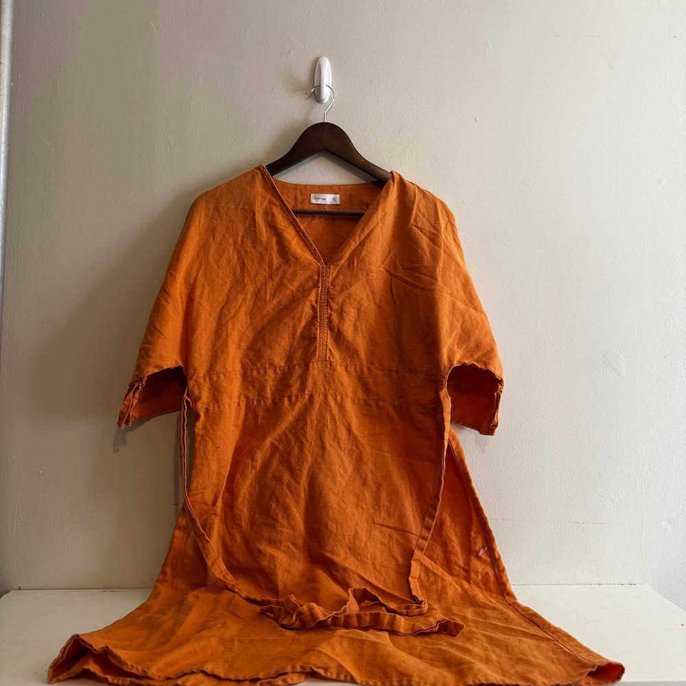 Women's Linen Cotton V-Neck Short Sleeve Tie Midi Dress M Natural Fibers Boho